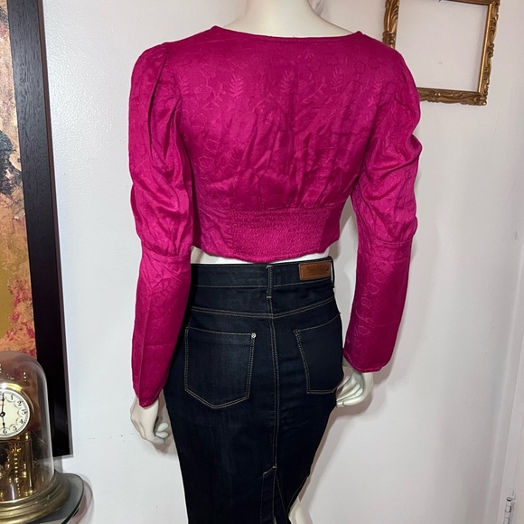 Anthropologie Rahi Rahi square Neck Puffy Sleeve Brocade Crop Top Pink small AB - Picture 3 of 11
